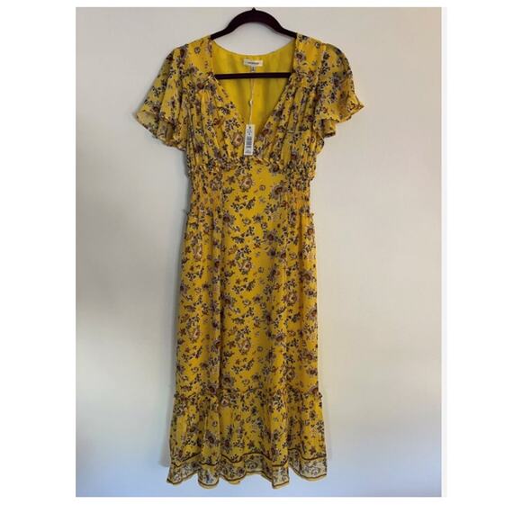 Max Studio Floral Ruffle Flutter Sleeve Dress Yellow Medium Gold Spring NEW - Picture 2 of 6